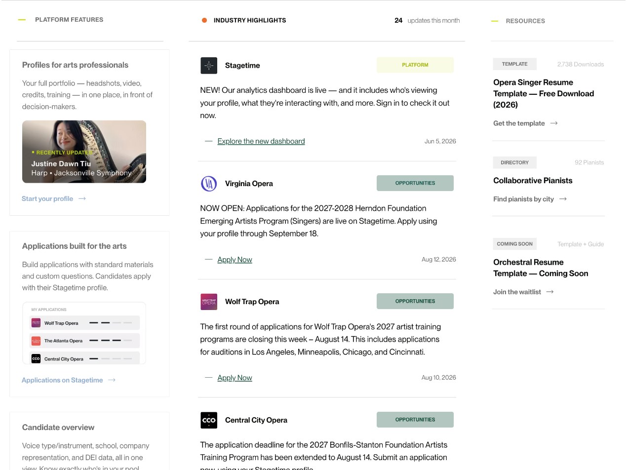 stagetime.com, Home · platform features
